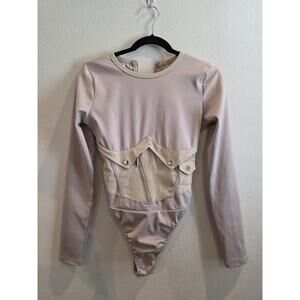 Maniere De Voir Thong/Cheeky Belt Bodysuit Tan Punk Festival Silver Details Sz 6